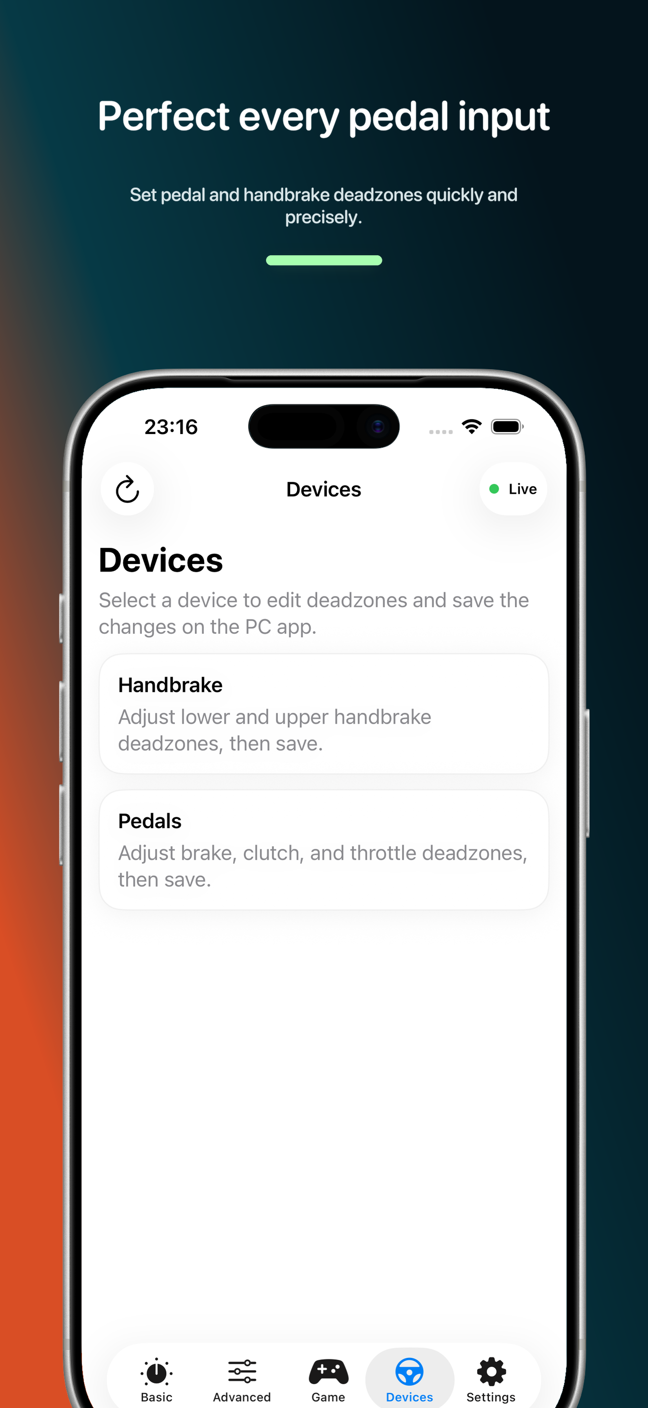 Device controls for pedals and handbrake in VNM Companion